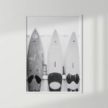 Black and White Coastal Surf Boards Poster<br><div class="desc">Bring a touch of summer and seaside adventure to your decor with the "Black and White Coastal Surf Boards Poster." This captivating black-and-white photograph features three surfboards propped against a wall, evoking the relaxed and carefree vibe of coastal living. The simple yet striking composition captures the essence of beach culture...</div>