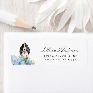 Black and White Cocker Spaniel Blue Hydrangea Return Address Label