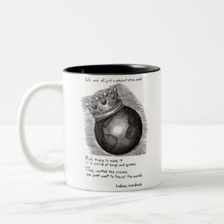 black and white coffee mug with quote and art