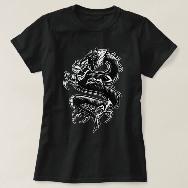 Black and White Coiled Dragon T-Shirt (Design Front)