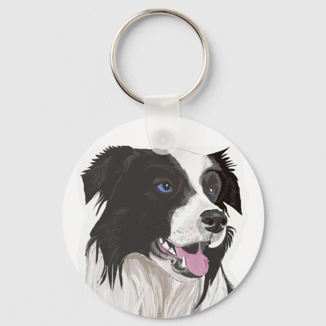 black and white collie blue eyes key ring (Front)