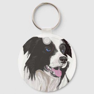 black and white collie blue eyes key ring