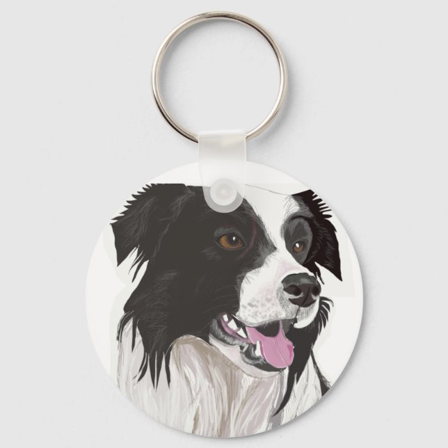 Black and White Collie with Brown Eyes Key Ring (Front)