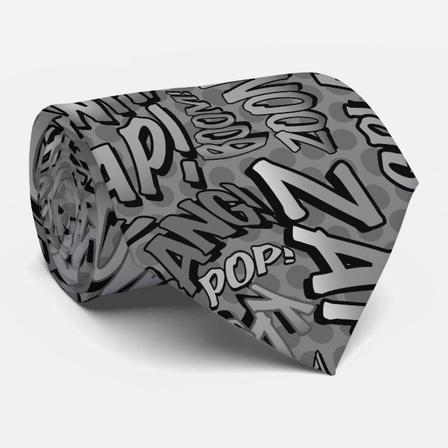 Black and White Comic Book Pop Art Superhero Tie (Rolled)