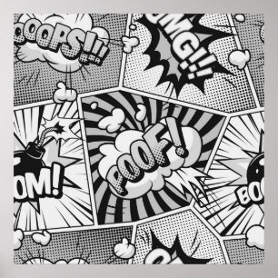 Black and White Comic Book Word Art Collage  Poster