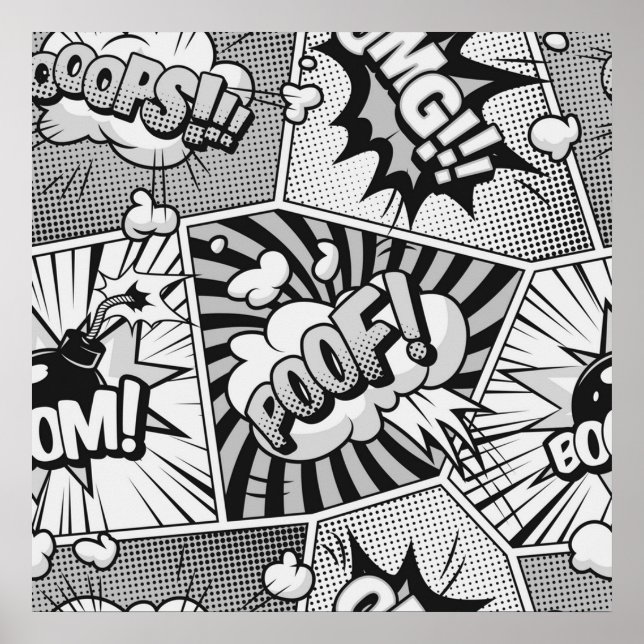 Black and White Comic Book Word Art Collage  Poster (Front)