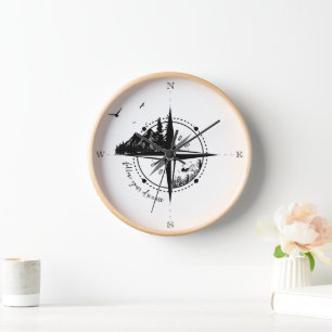 Black and white compass with nature landscape clock