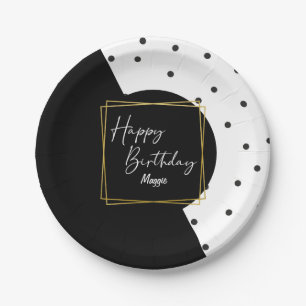 Black and White Confetti Dots Birthday for Her Paper Plate