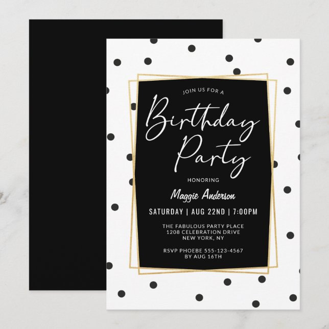 Black and White Confetti Dots Birthday Party Invitation (Front/Back)