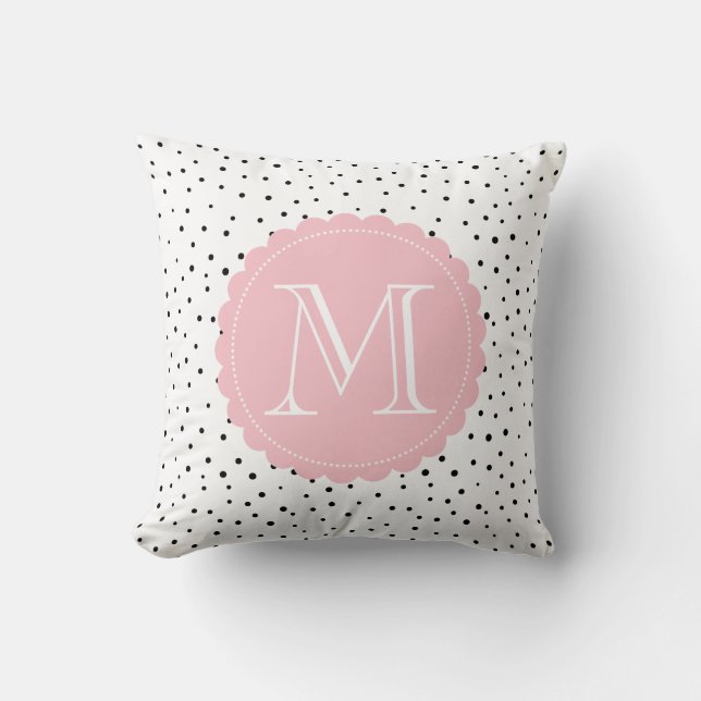 Black and White Confetti Dots Blush Pink Monogram Cushion (Front)