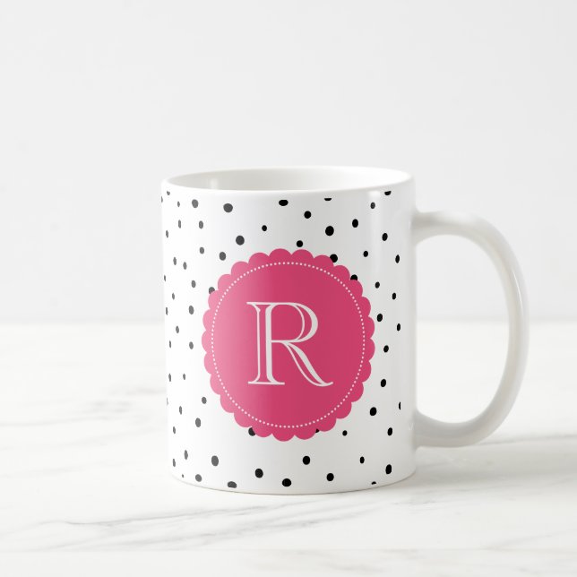 Black and White Confetti Dots Pattern Monogram Mug (Right)