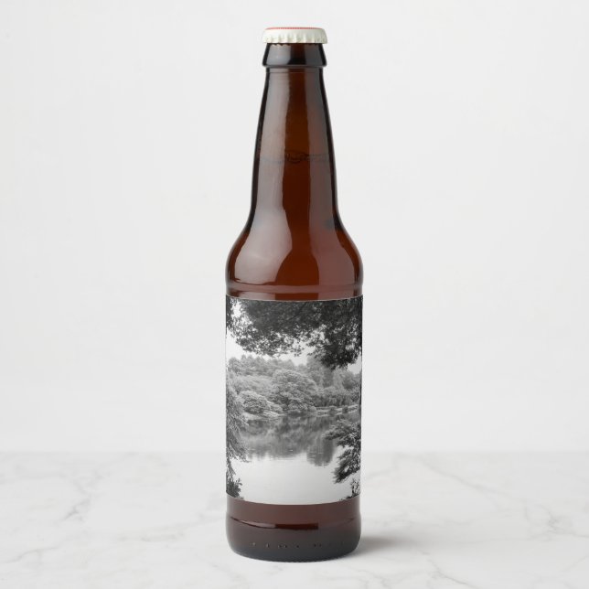 Black and white, cool, unique nature and lake beer bottle label (Front)