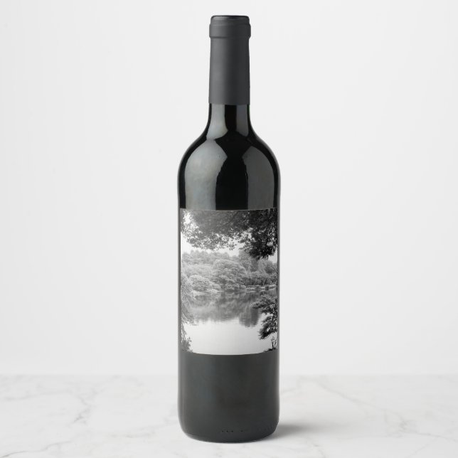 Black and white, cool, unique nature and lake wine label (Front)