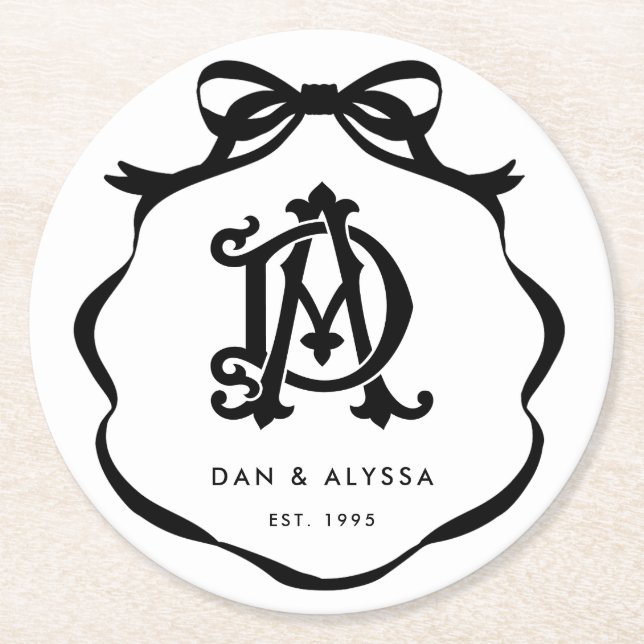 Black and White Coquette Bow Anniversary Round Paper Coaster (Front)