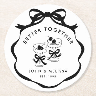 Black and White Coquette Bow  Better Together Round Paper Coaster