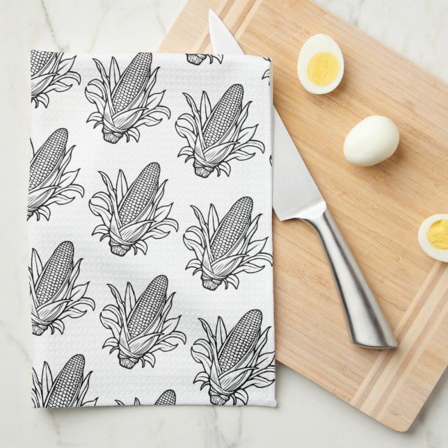 Black and white corn cob icon with leaves tea towel (Quarter Fold)