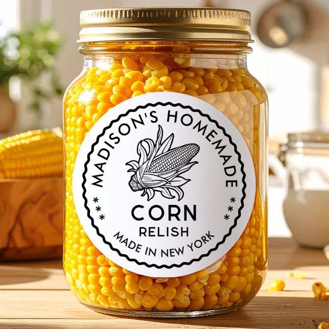 Black and white corn relish label with cob icon (Creator Uploaded)