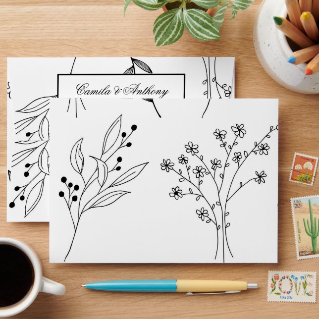 Black and White Corner Floral Boho Wedding Envelope (Desk)