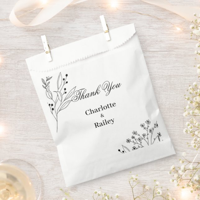 Black and White Corner Floral Boho Wedding Favour Bag (Clipped)