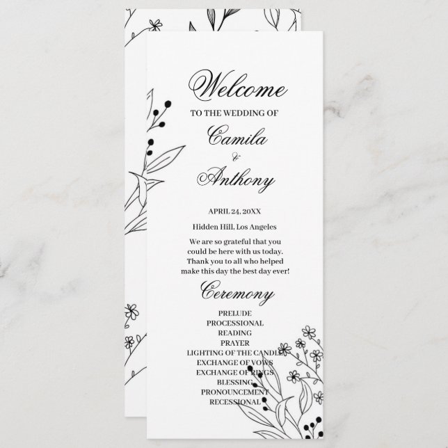 Black and White Corner Floral Boho Wedding Program (Front/Back)
