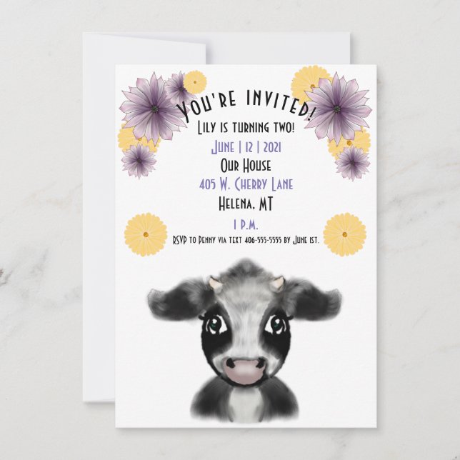 Black and White Cow Birthday Customisable Invitation (Front)