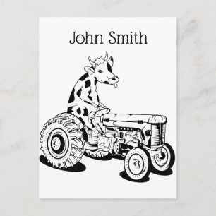 Black and white cow driving a tractor postcard