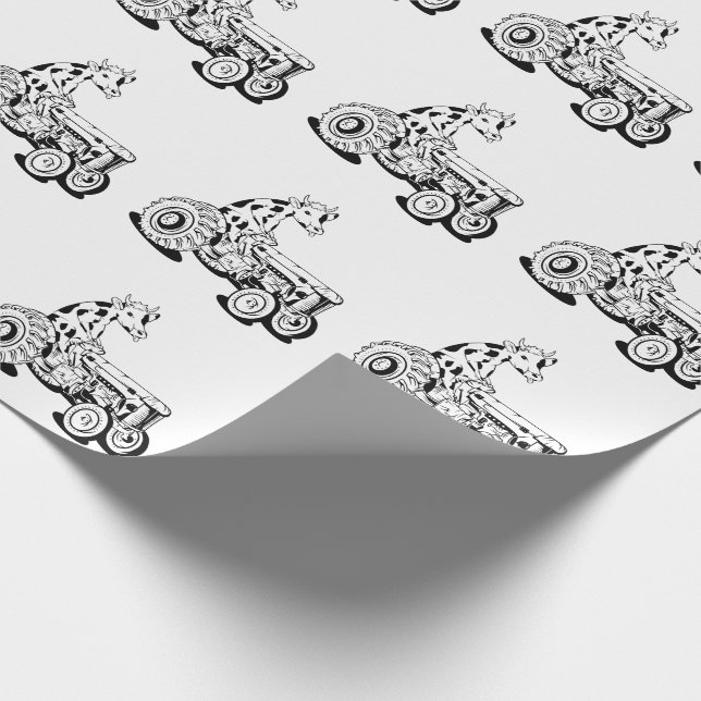 Black and white cow driving a tractor wrapping paper (Corner)