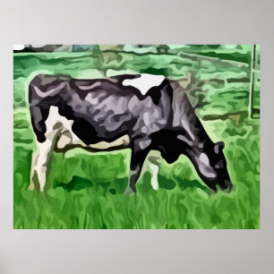 Black and white cow grazing painting. poster