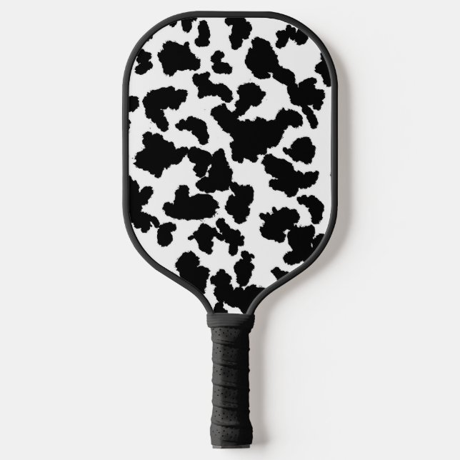 Black  And White Cow Hide Fur Pattern Pickleball Paddle (Front)
