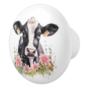 Black and White Cow In Flowers Ceramic Knob
