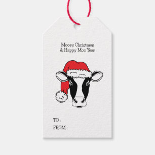 Black and white cow in santa hat funny Christmas Gift Tags