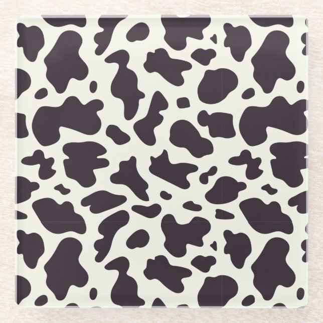 Black and White Cow Pattern Print Glass Coaster (Front)