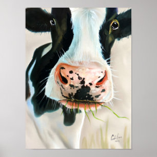 Black and white cow portrait painting poster