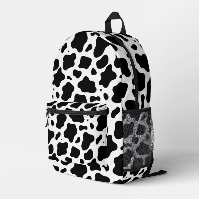 Black and White Cow Print Printed Backpack (Back Corner Right)
