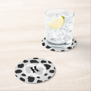 Black and white cow spots pattern faux fur texture round paper coaster