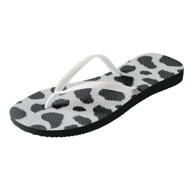 Black and white cow spots pattern fur texture thongs (Angled)