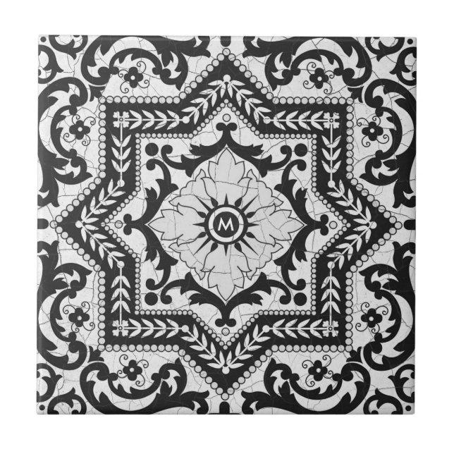 Black and White Cracked Ceramic Style Azulejo Ceramic Tile (Front)