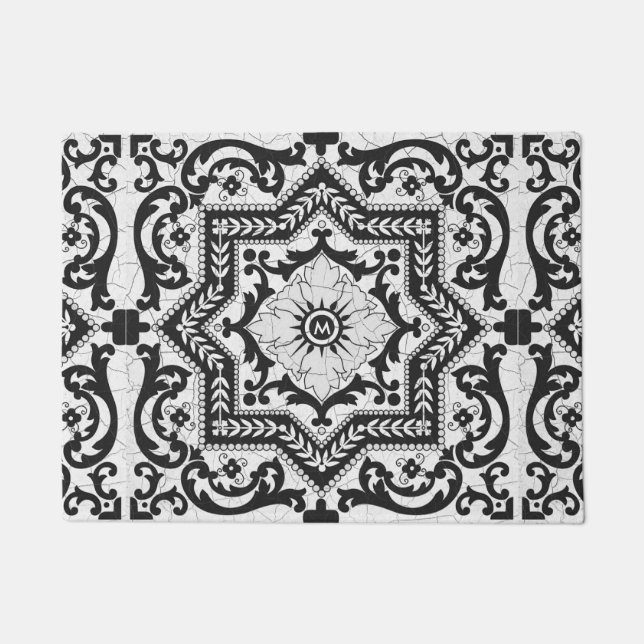 Black and White Cracked Ceramic Style Azulejo Doormat (Front)