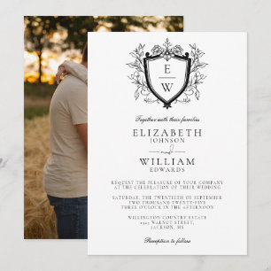 Black And White Crest Monogram Photo Wedding Invitation