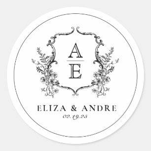 Black and White Crest Monogram Wedding Classic Round Sticker