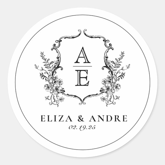 Black and White Crest Monogram Wedding  Classic Round Sticker (Front)