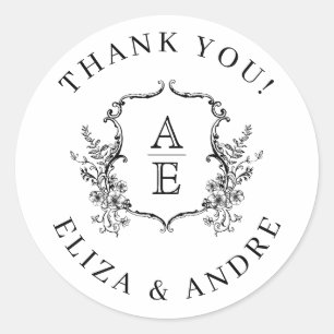Black and White Crest Monogram Wedding  Classic Round Sticker