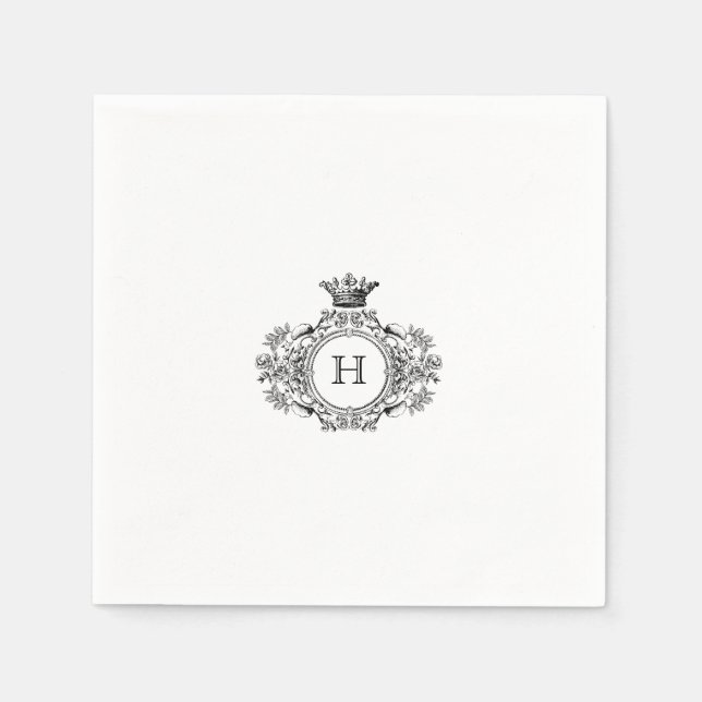 Black and White Crest Monogram Wedding  Napkin (Front)