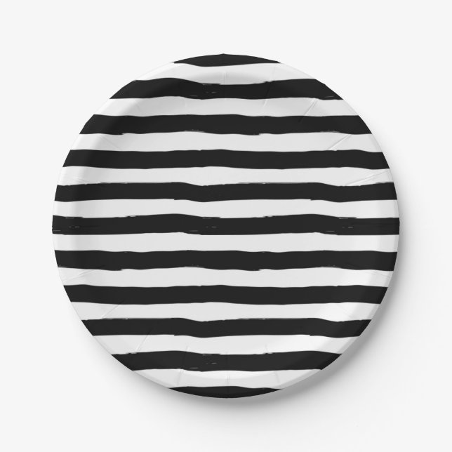 Black and White Crooked Stripe Pattern Paper Plate (Front)