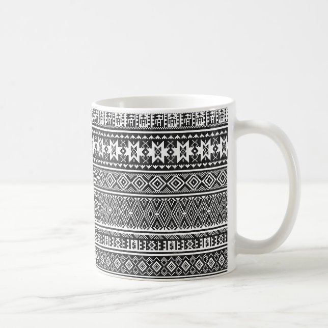 Black and White cross-stitch geometric pattern Coffee Mug (Right)