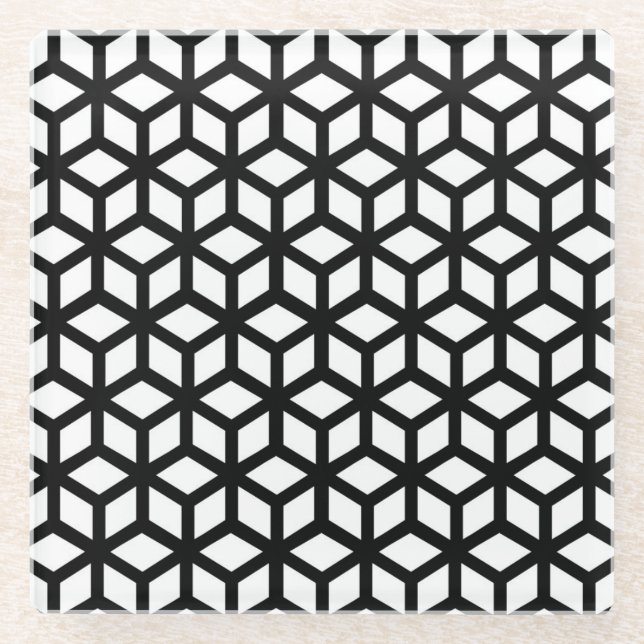 Black And White Cube Pattern Glass Coaster (Front)