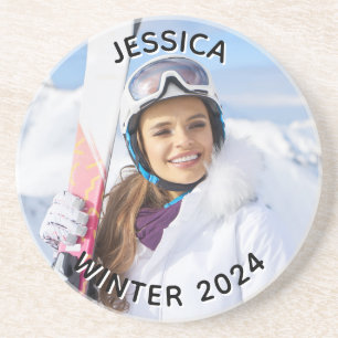 Black and White Curved Text Family Photo Coaster