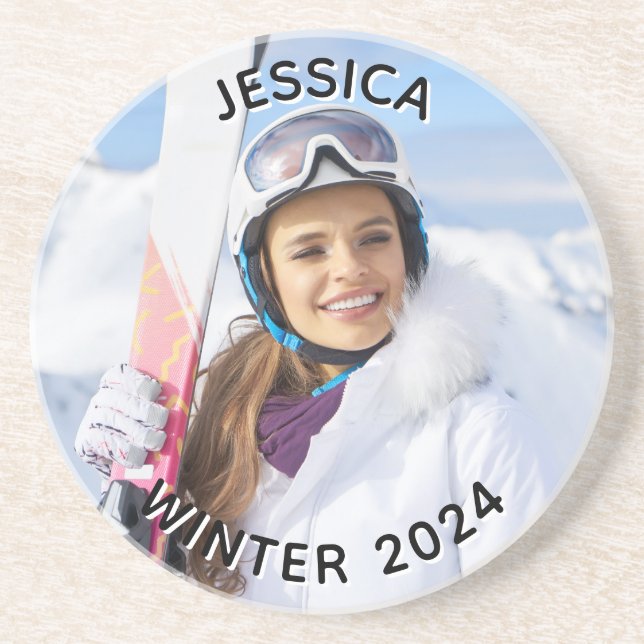 Black and White Curved Text Family Photo Coaster (Front)