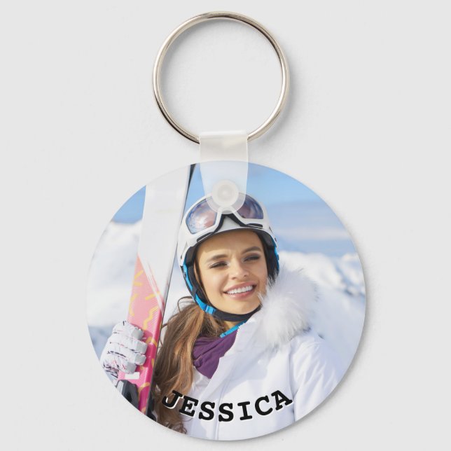 Black and White Curved Text Family Photo Key Ring (Front)