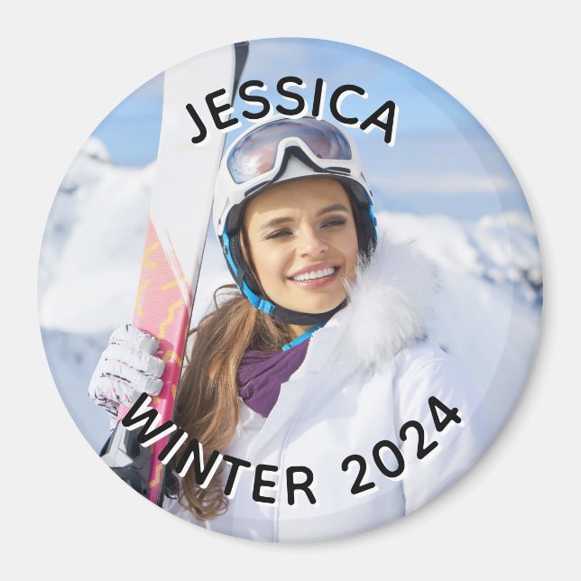 Black and White Curved Text Family Photo Magnet (Front)